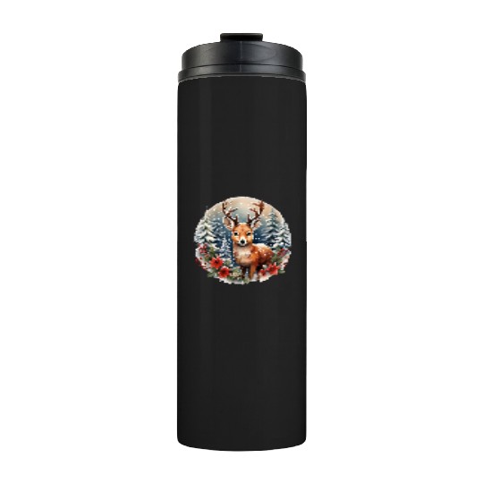 Christmas Deer with Poinsettia and Snow Thermal Tumblers