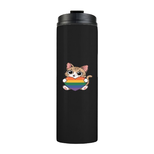 Cute Cat Holding Rainbow Heart LGTBQ Thermal Tumblers
