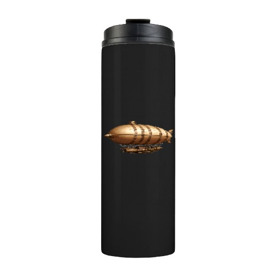A large steampunk-style airship with bronze metal Thermal Tumblers