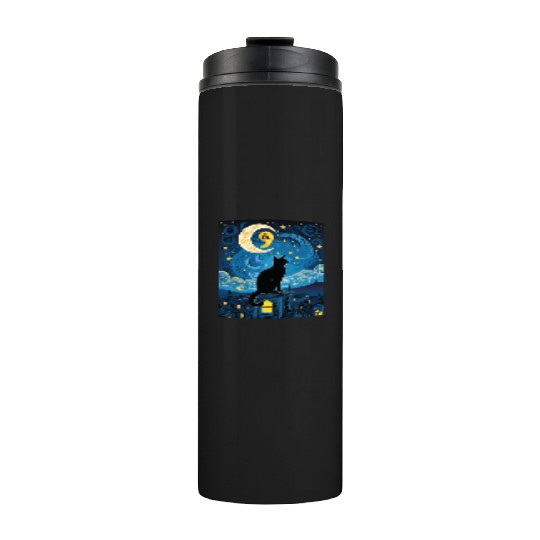 Halloween Starry Night Black Cat Comma La Harris Thermal Tumblers