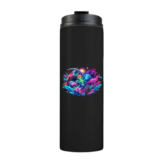 Neon Tropical Jungle at Night – Bright Pink Leaves Thermal Tumblers