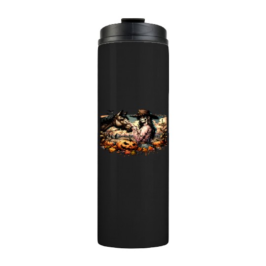 Haunting Cowgirl and Horse in Halloween Graveyard Thermal Tumblers