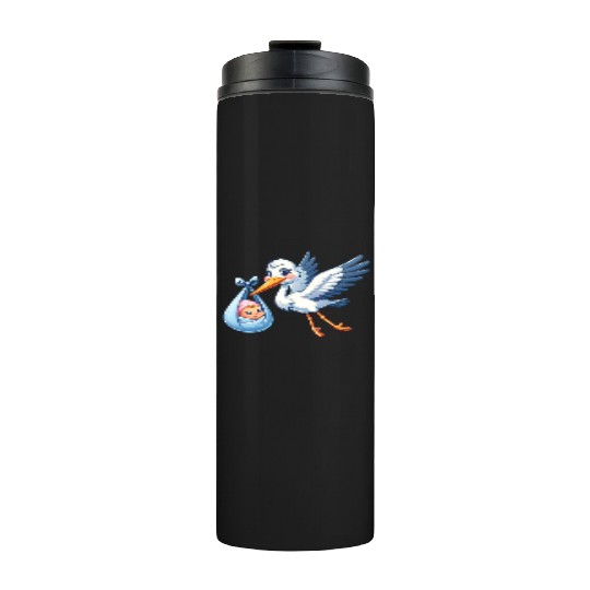 Stork Carrying Newborn Baby in Blue Blanket - Thermal Tumblers