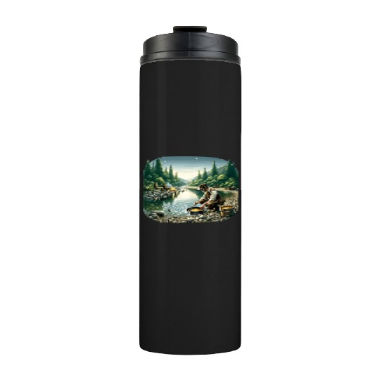 Gold Prospector by the River in a Serene Forest Thermal Tumblers