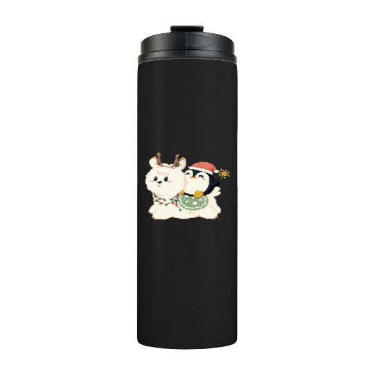 Alpaca and penguin celebrate Christmas Thermal Tumblers