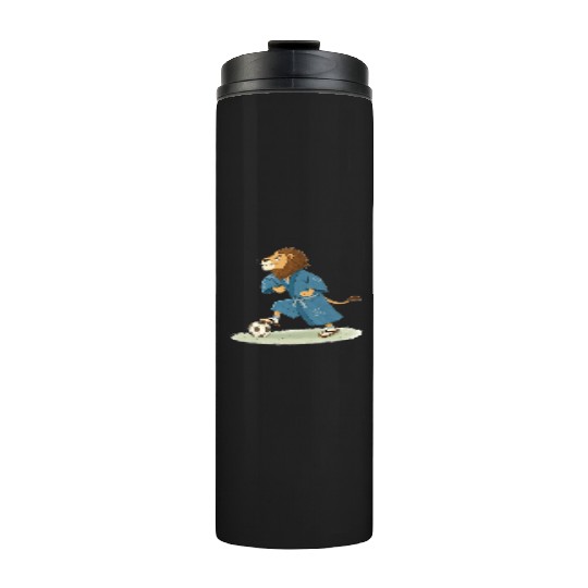 Lion playing soccer in karate kimono Thermal Tumblers