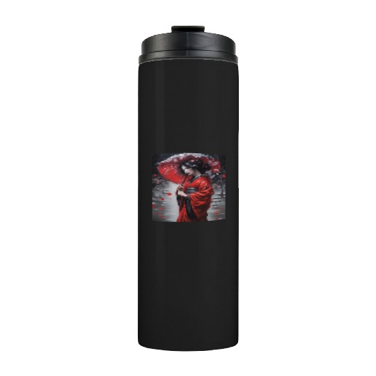 Geisha umbrella rain storm cherry blossoms Thermal Tumblers
