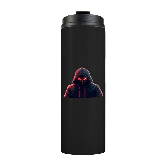 Mysterious Neon Hooded Figure - Dark Aesthetic Cyb Thermal Tumblers