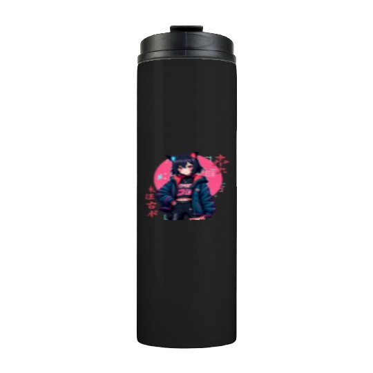 Cyberpunk Anime Girl with Cat Ears Neon Aesthetic Thermal Tumblers