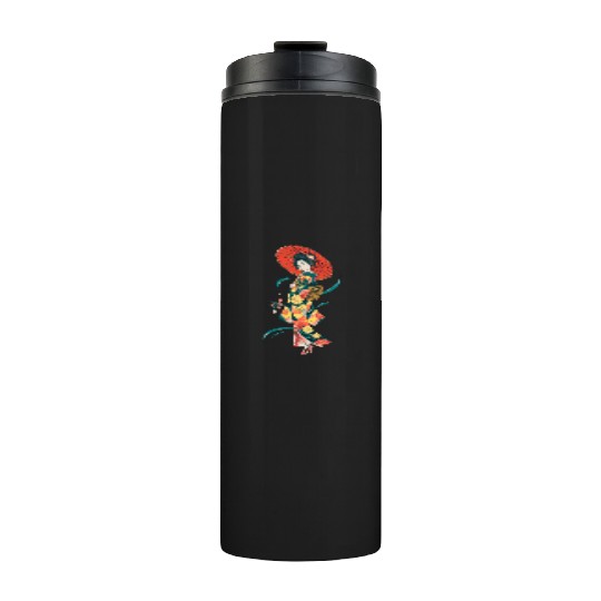 Elegant Geisha with Red Parasol and Floral Kimono Thermal Tumblers