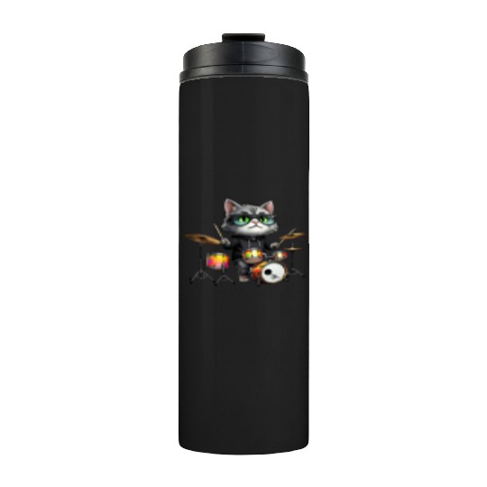 Gray Cat with Neon Drums Thermal Tumblers