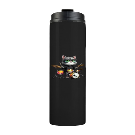 Gray Cat with Neon Drums Thermal Tumblers