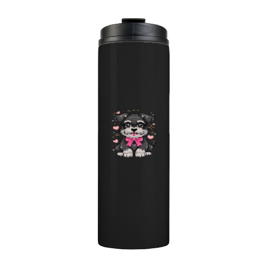 Cute Schnauzer With Pink Bow Surrounded by Hearts Thermal Tumblers