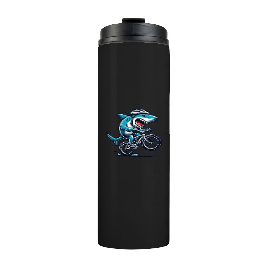 Shark Racing on Bike • Funny Cycling Shark Ride Thermal Tumblers