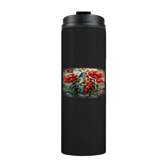 Ladybug stained glass vibrant poppy flower insect Thermal Tumblers