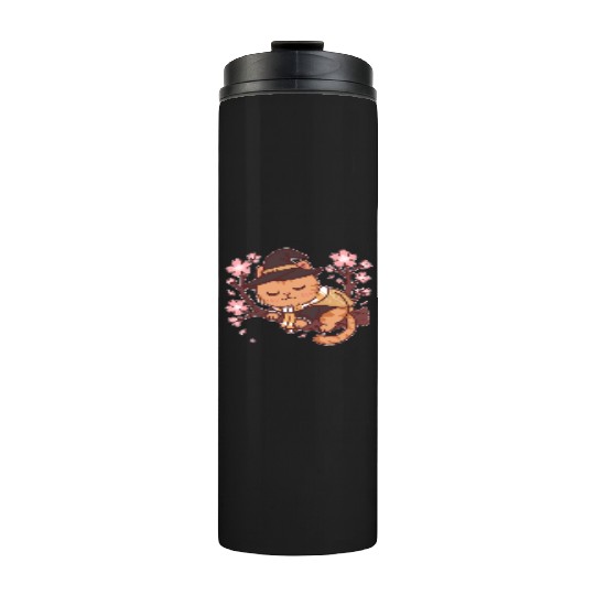 Whimsical Witch Cat in Cherry Blossom Tree Thermal Tumblers