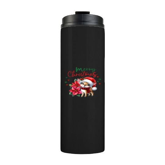 Festive Christmas Puppy with Poinsettia Thermal Tumblers