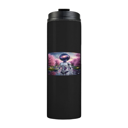 Futuristic Robot in Cherry Blossom Paradise Thermal Tumblers