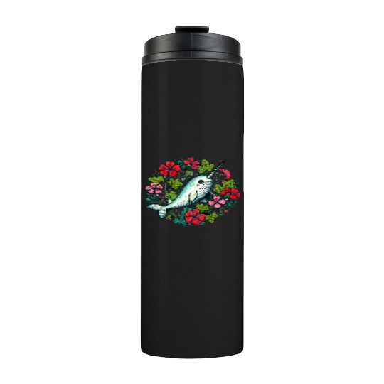 Whimsical Narwhal Amid Floral Bloom Thermal Tumblers