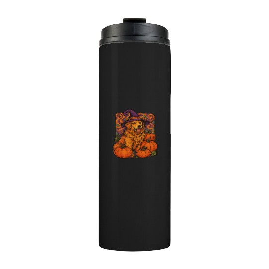 Halloween Wizard Golden Retriever with Pumpkins Thermal Tumblers
