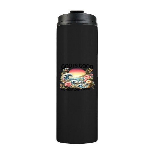 Elegant Wave and Floral Sunset Scene - GOD IS GOOD Thermal Tumblers