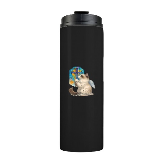 Celestial Cat with Stained Glass Cross Thermal Tumblers