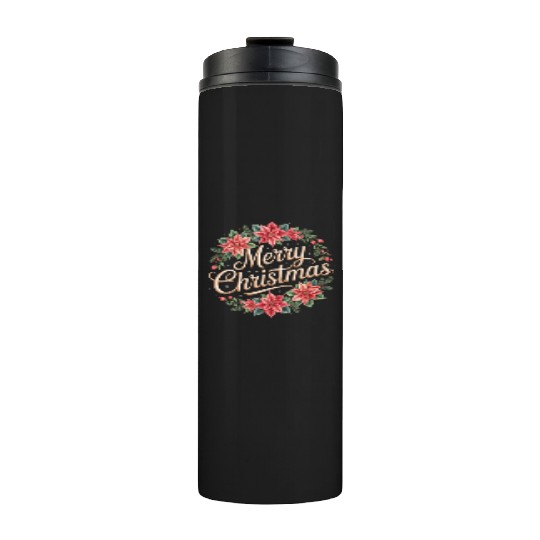 Elegant Poinsettia Wreath Merry Christmas Script Thermal Tumblers