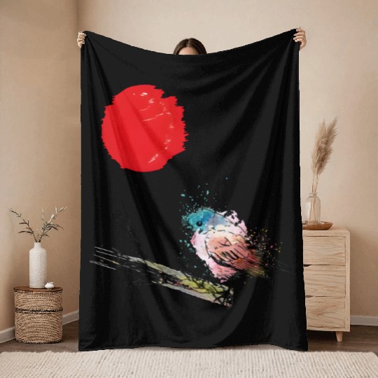 Murakami Birds Red Moon Japenese Throw Blankets