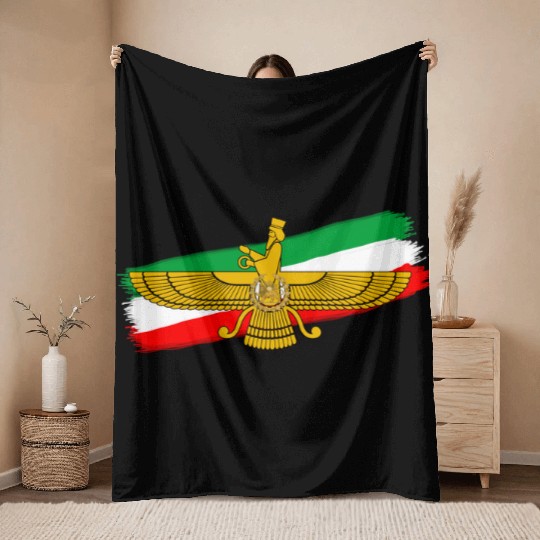 Iran Flag Faravahar Lion Sun Throw Blankets