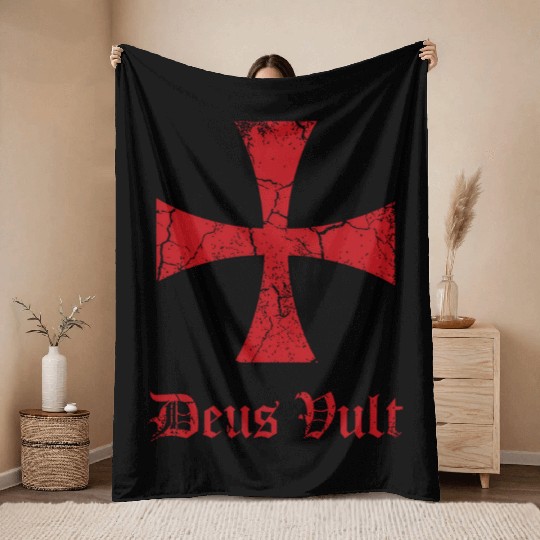 Distressed Deus Vult Knights Templar Cross Crusade Throw Blankets