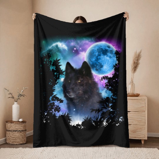 Black Wolf MidNight Forest Throw Blankets