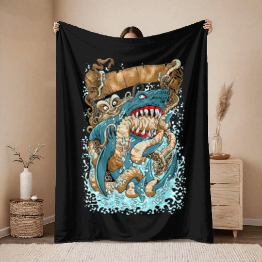 OCTOPUS v SHARK Throw Blankets