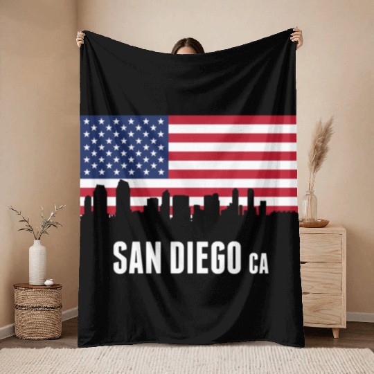 American Flag San Diego Skyline Throw Blankets