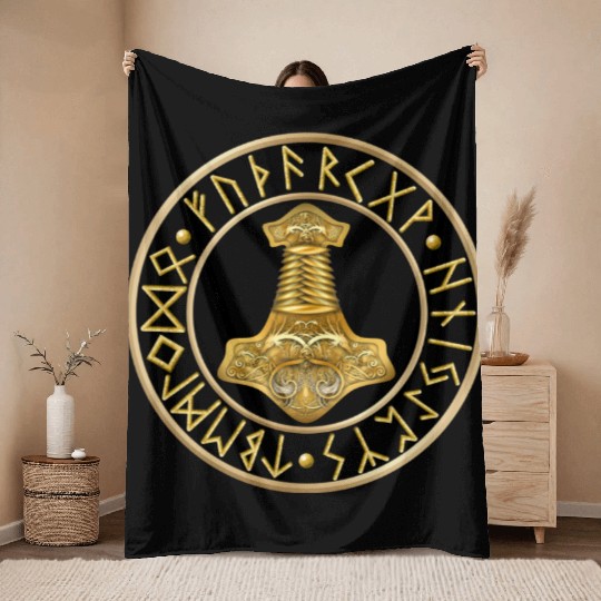 Thor's Hammer Runes - Black Throw Blankets