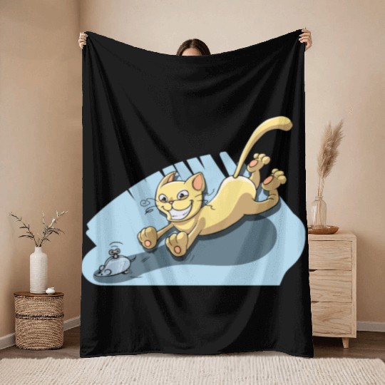 Cat Running After Rat - Tom and Jerry Illustration Throw Blankets