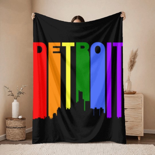 Detroit Michigan Gay Pride Rainbow Skyline Throw Blankets