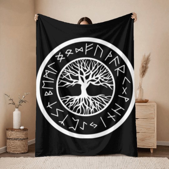 Viking - Yggdrasil Tree of Life with Norse Rune Throw Blankets