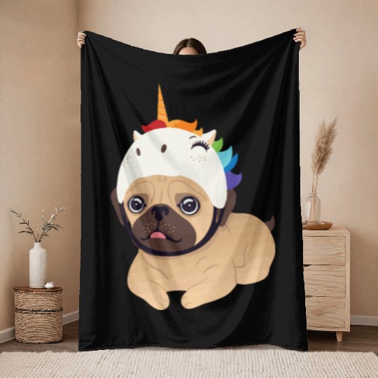 unicorn pug Throw Blankets