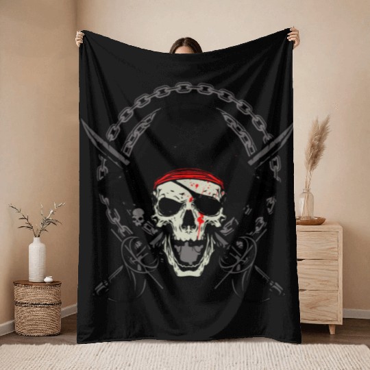 Ahoy Buccaneers Avast Ye motif of Pirate Skull Throw Blankets