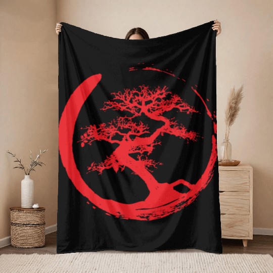 Zen Bonsai Tree in Enso Circle (red) Throw Blankets