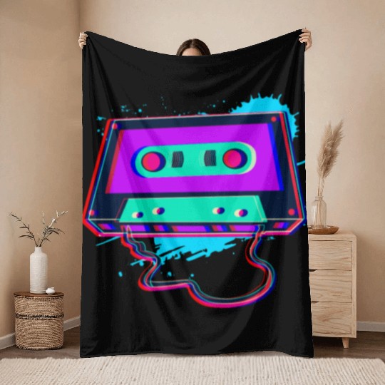 80s Music Cassette Tape : 3D, Neon, 80s songs Throw Blankets