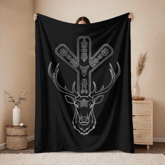 Algiz Rune and Deer in Silver Throw Blankets