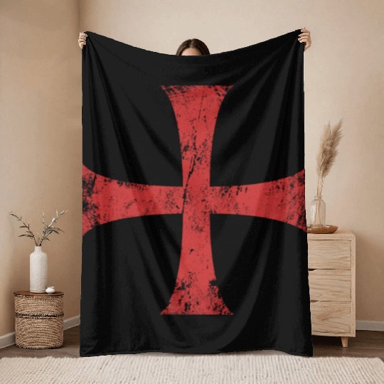 Distressed Crusader Knights Templar Cross Throw Blankets