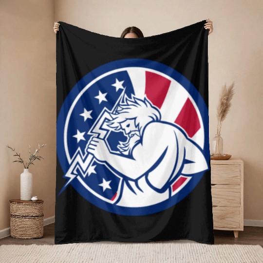 Zeus With Thunderbolt USA Flag Icon Throw Blankets