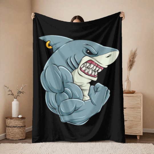 Shark At The Gym | Fitness Training Muscles Throw Blankets
