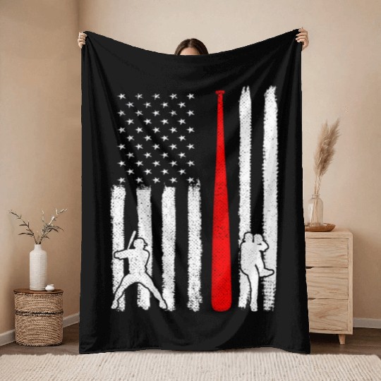 Baseball Pitcher Batter American Flag 4th of July Throw Blankets