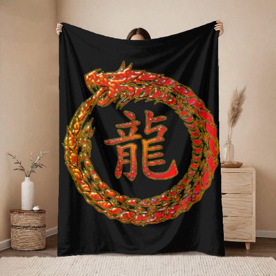 Fire Dragon In Circle with Chinese Dragon Symbol Throw Blankets