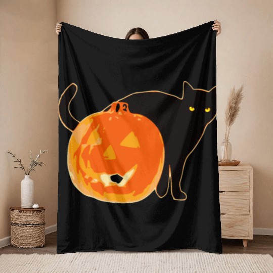 Halloween Black Cat Jack o Lantern Pumpkin Funny Throw Blankets