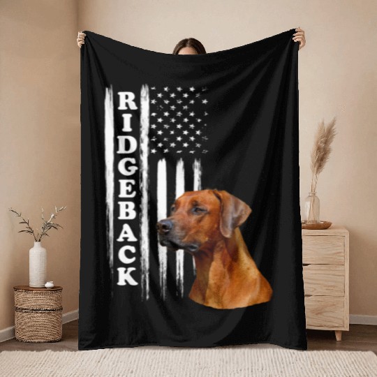 Rhodesian Ridgeback Dog with US Flag Throw Blankets