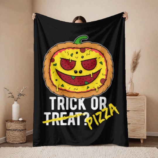 Trick or Treat Pizza Face - Halloween Pizza Party Throw Blankets